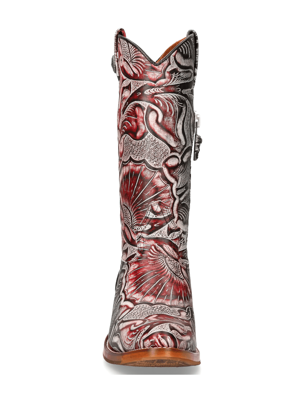 Back view of NEW ROCK red and silver carved leather biker boots with floral patterns for ladies.