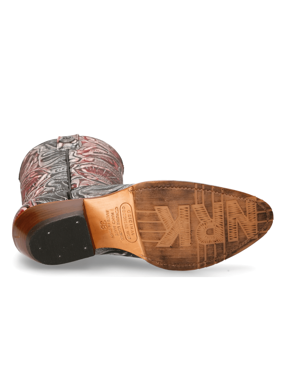 Bottom view of NEW ROCK Exotic Red and Silver Carved Leather Biker Boots showcasing detailed floral pattern and robust sole.