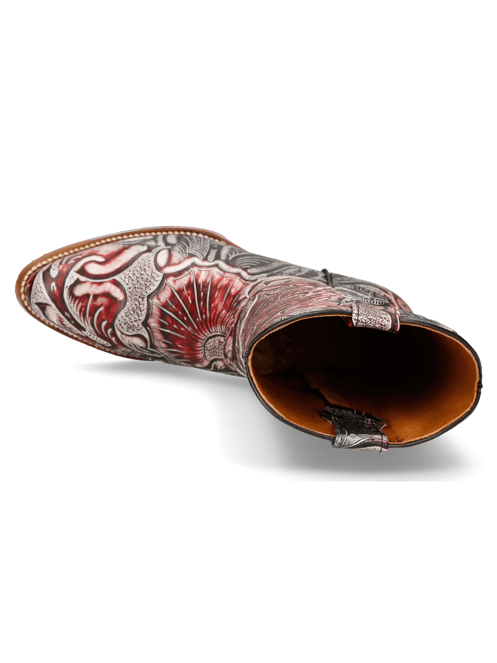 Top view of NEW ROCK red and silver floral patterned carved leather biker boots for women.