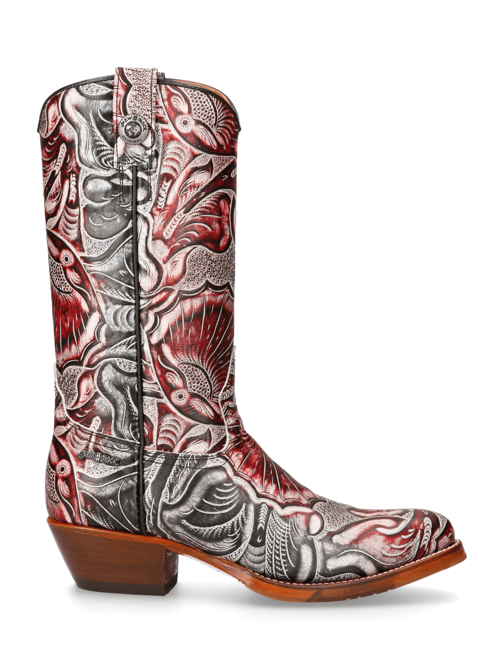 NEW ROCK Floral Red and Silver Carved Leather Biker Boot with zipper, part of the exclusive GOODYEAR-WELT COLLECTION.
