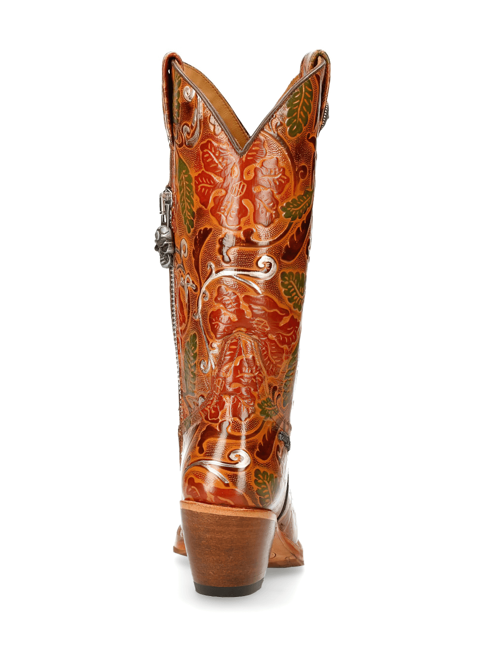 Stylish red and orange carved leather Western high boots with intricate detailing and a sturdy heel.