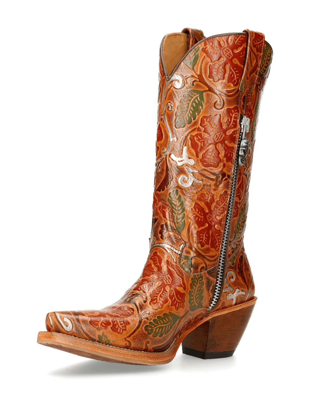 Stylish Western-inspired tall leather boots with intricate carvings and robust zipper, perfect for fashion and durability.