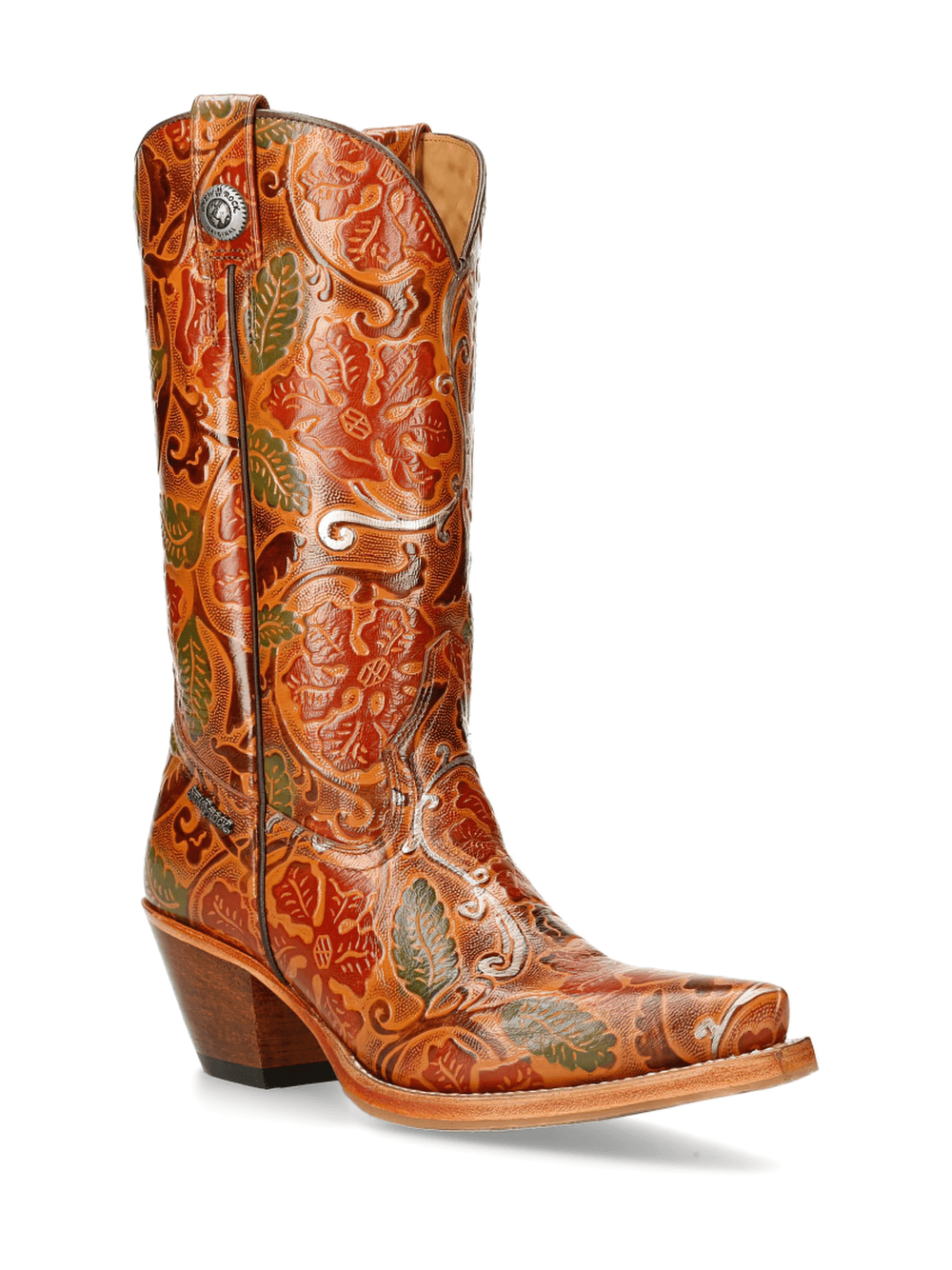 Stylish carved leather western boots with vibrant floral designs and a sturdy heel. Perfect blend of tradition and fashion.
