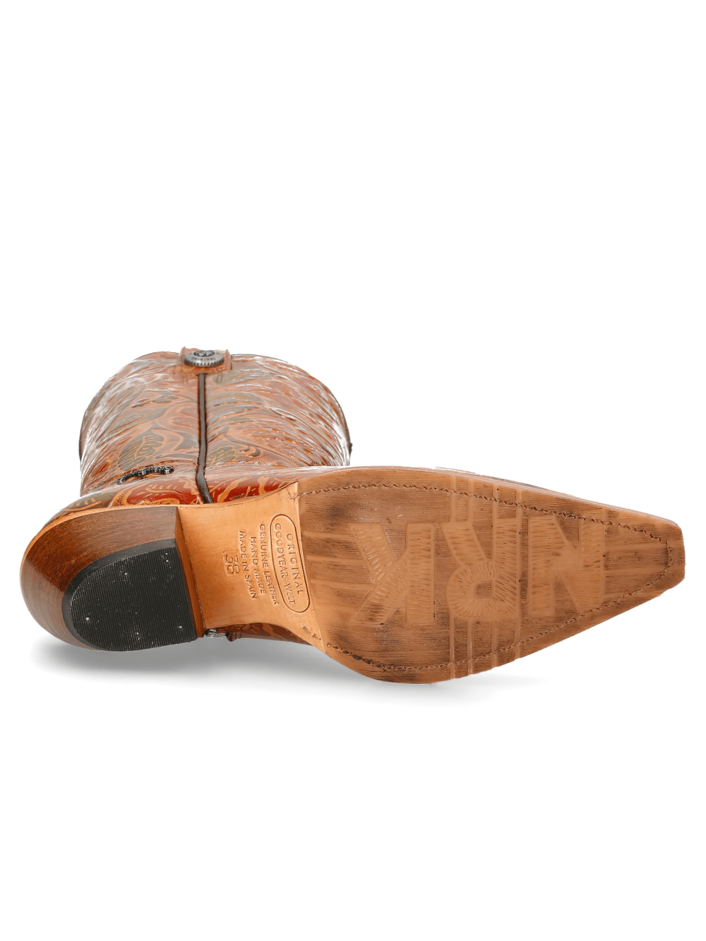 Bottom view of NEW ROCK tall leather boots showcasing intricate carvings and sturdy sole design.