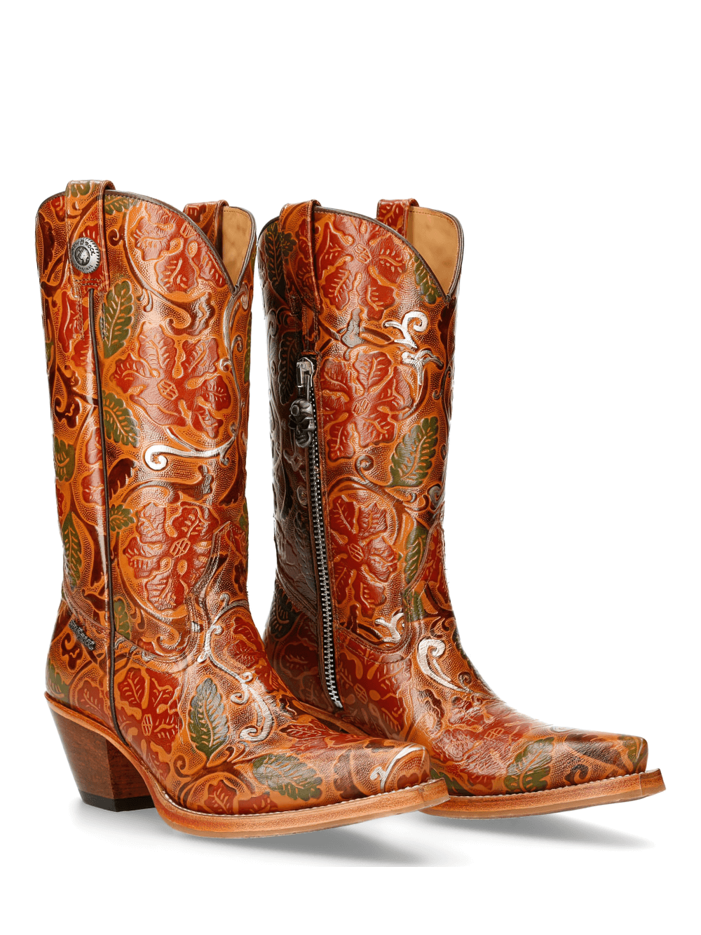 Stunning carved leather boots with intricate floral designs and a stylish zipper, perfect for a western-inspired look.
