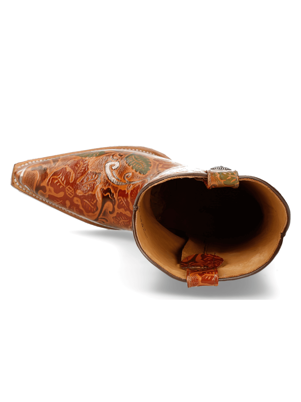 Inside view of NEW ROCK stylish carved leather tall boots showcasing intricate designs.