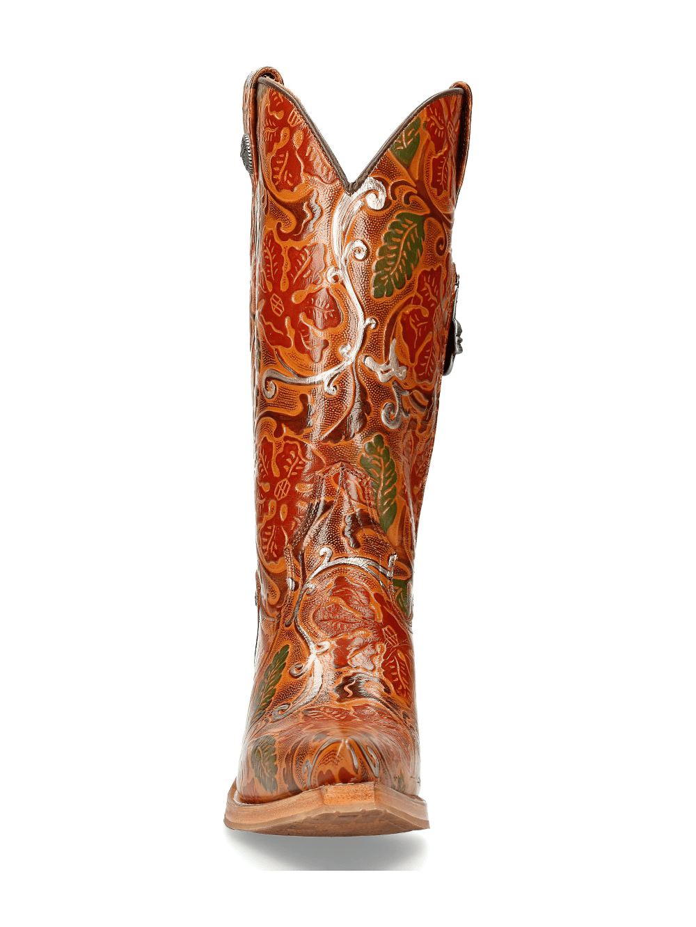 Front view of vibrant Western-inspired tall leather boots with intricate carvings and colorful details.