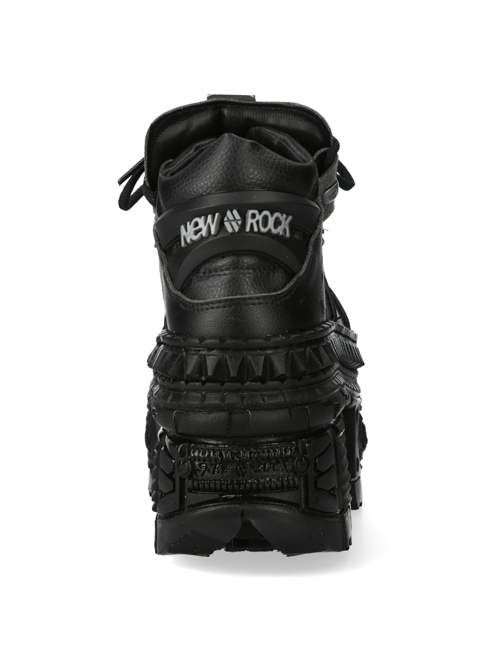 Back view of NEW ROCK Extreme Platform Gothic Boots showcasing rugged design and bold metal accents.