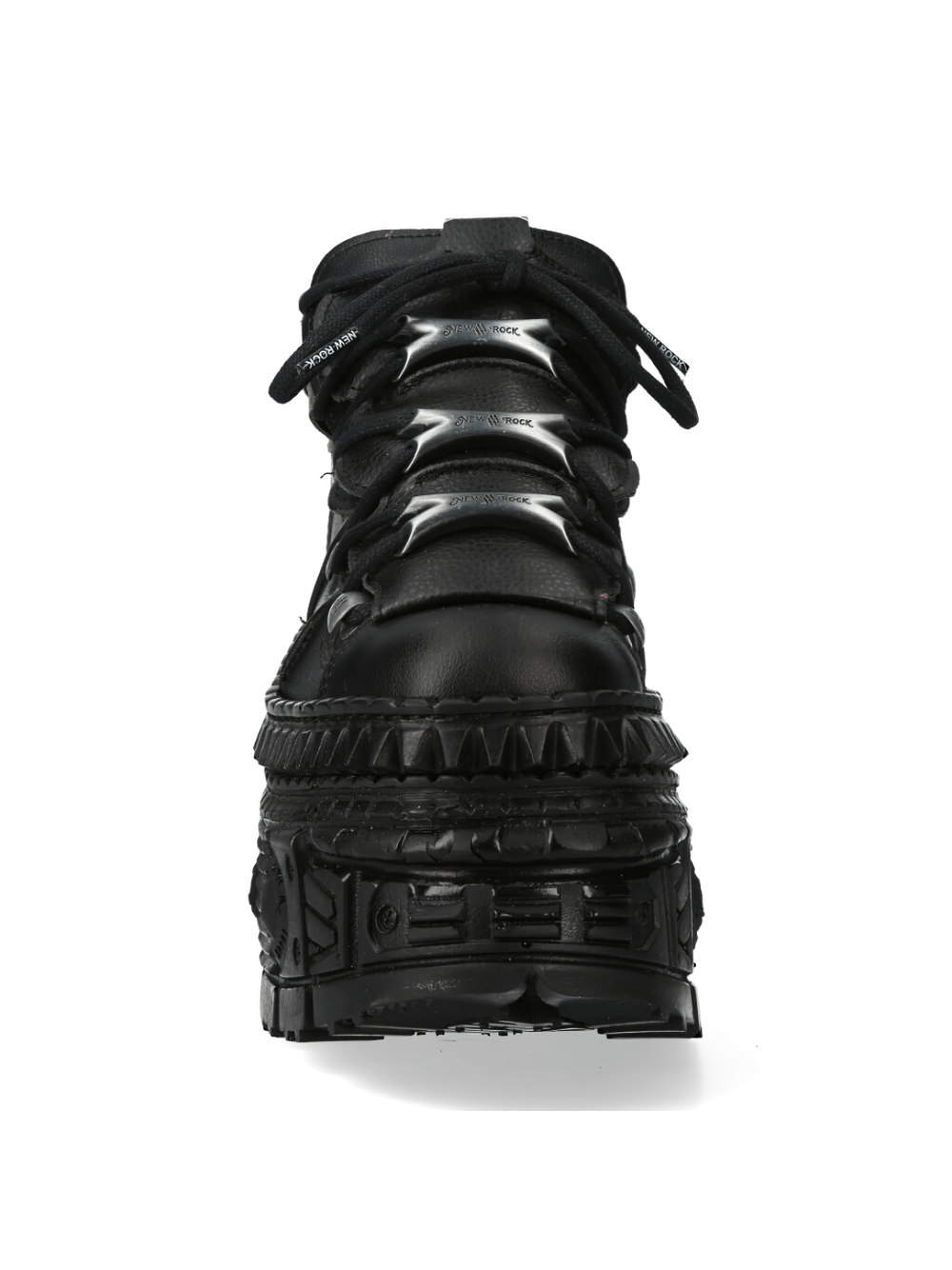 Front view of NEW ROCK Extreme Platform Gothic Boots with metal accents and lace-up design.