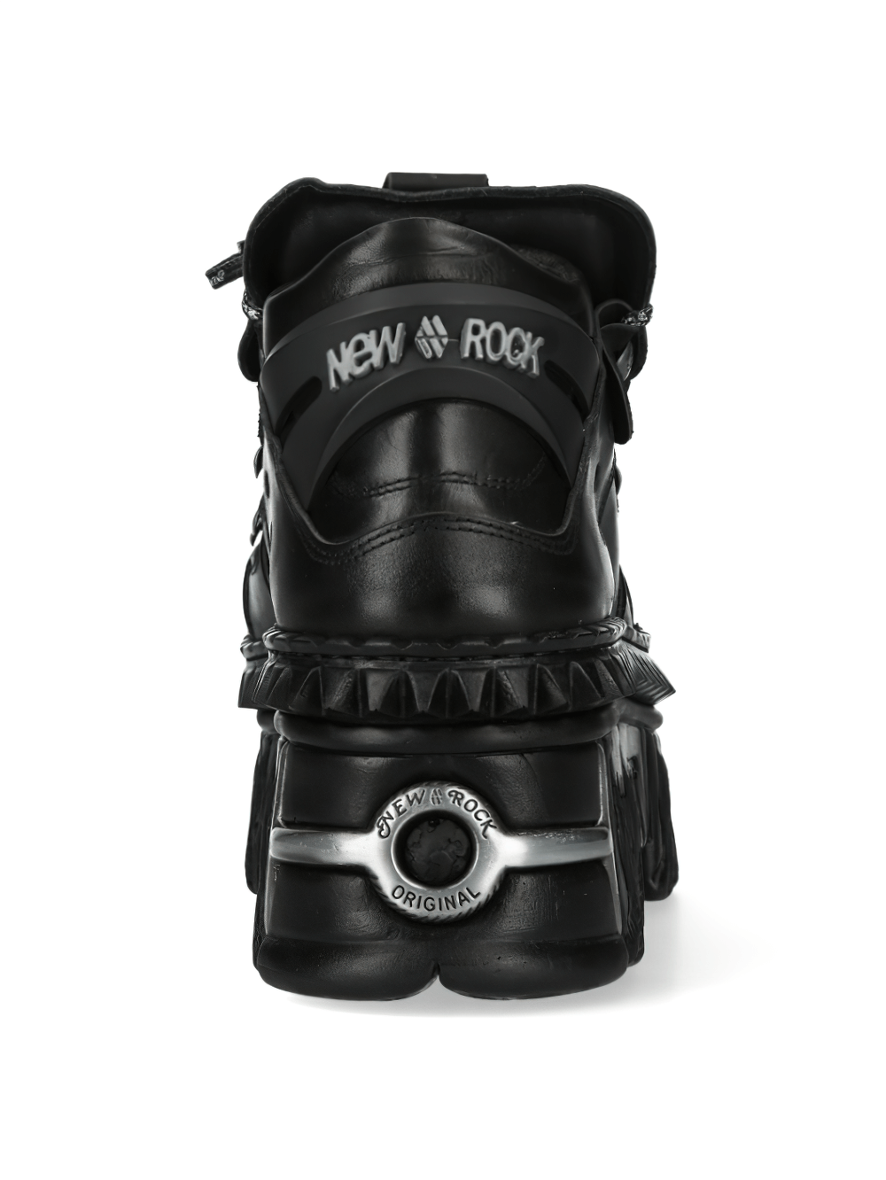 Back view of NEW ROCK Extreme Platform Rock Boots showcasing chunky flame soles and bold urban gothic design.