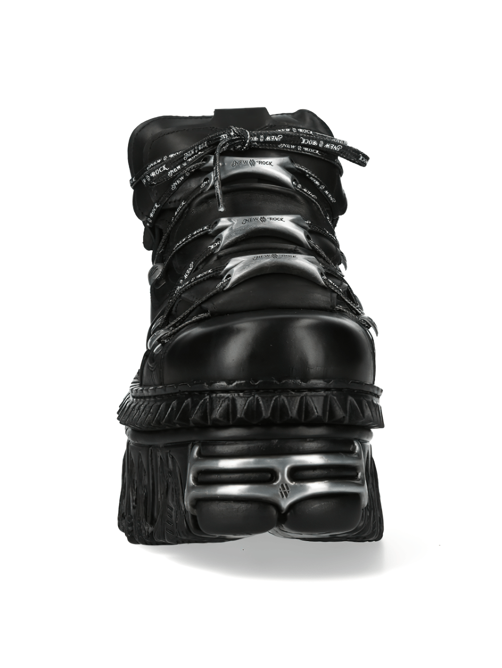 NEW ROCK black lace-up platform rock boots with flame-textured soles, front view showcasing chunky urban gothic design.