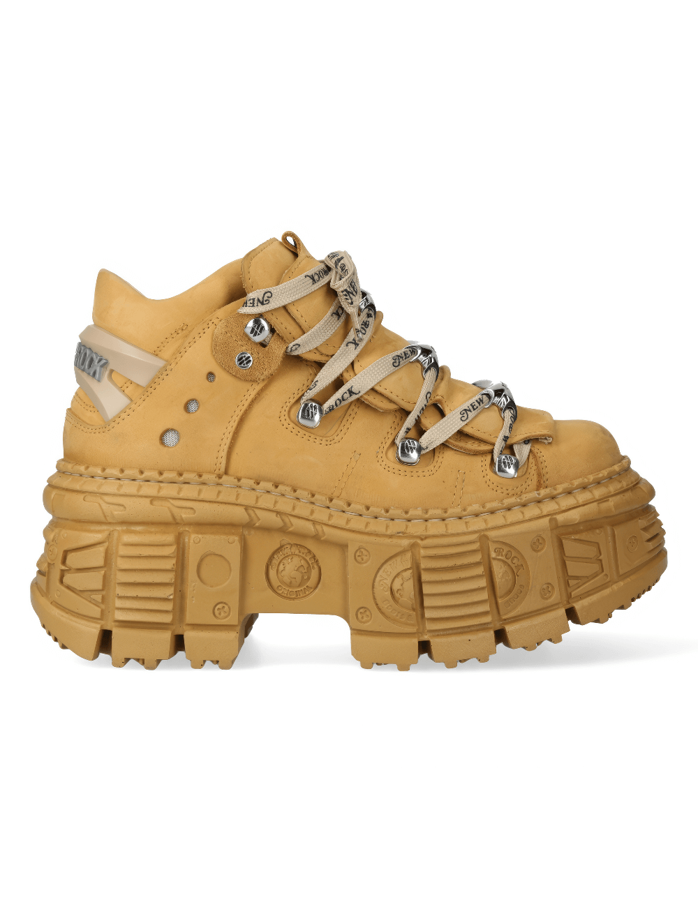 NEW ROCK honey-colored leather ankle boots with chunky sole and stylish lace-up design.