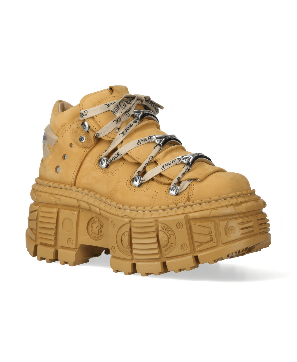 NEW ROCK honey-colored leather ankle boots with durable sole and bold lace-up design.