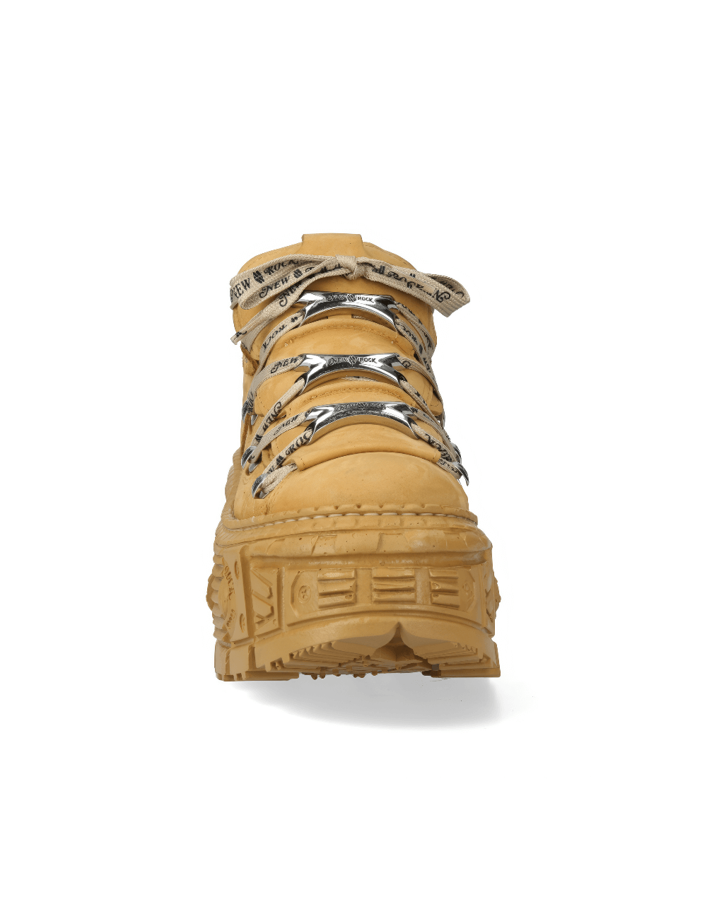 NEW ROCK men's honey-colored ankle boots with bold lace-up design and durable soles for a striking rock style.