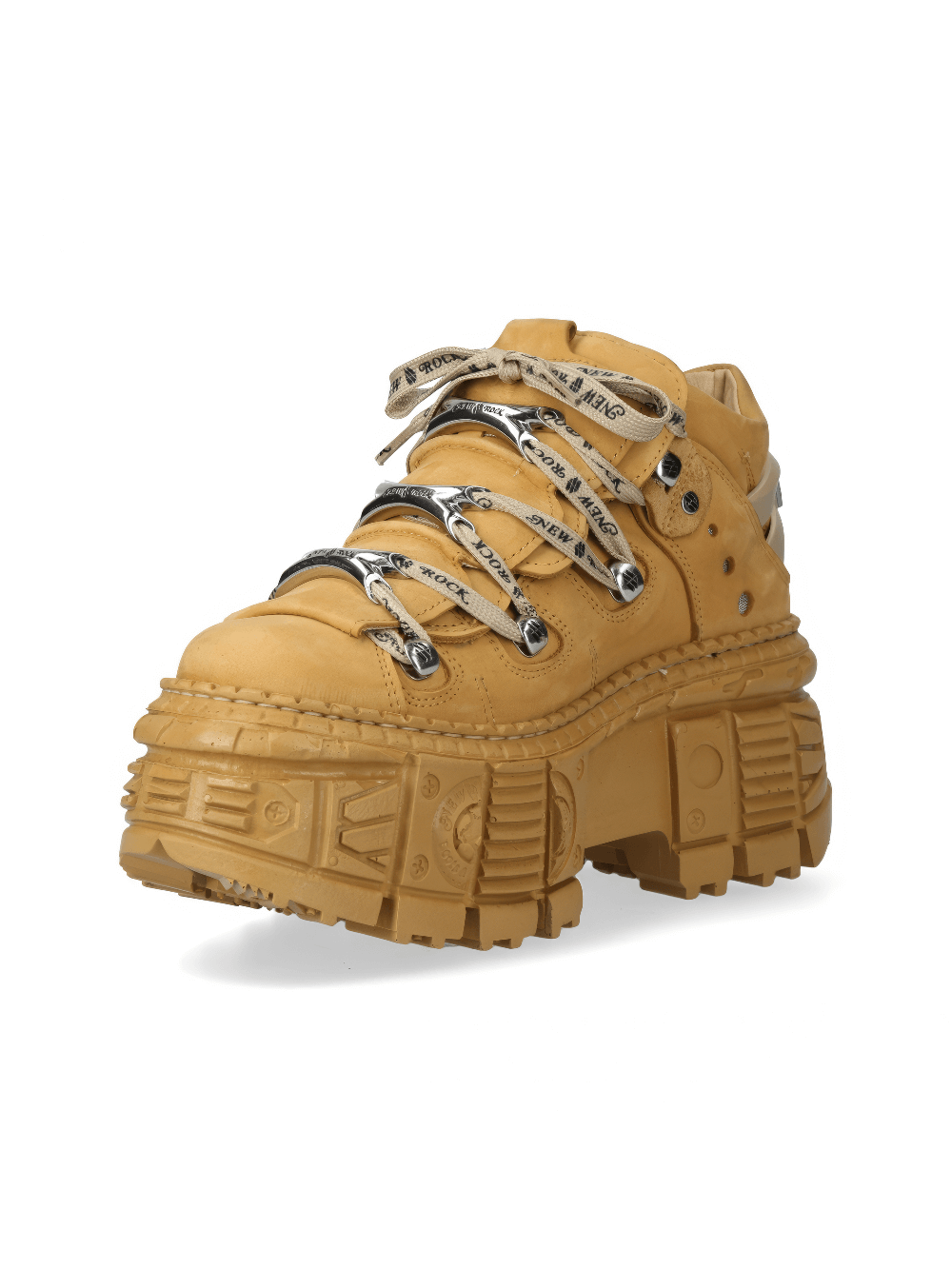 NEW ROCK men's honey-colored ankle boots with bold lace-up design and sturdy soles for rock-style fashion.