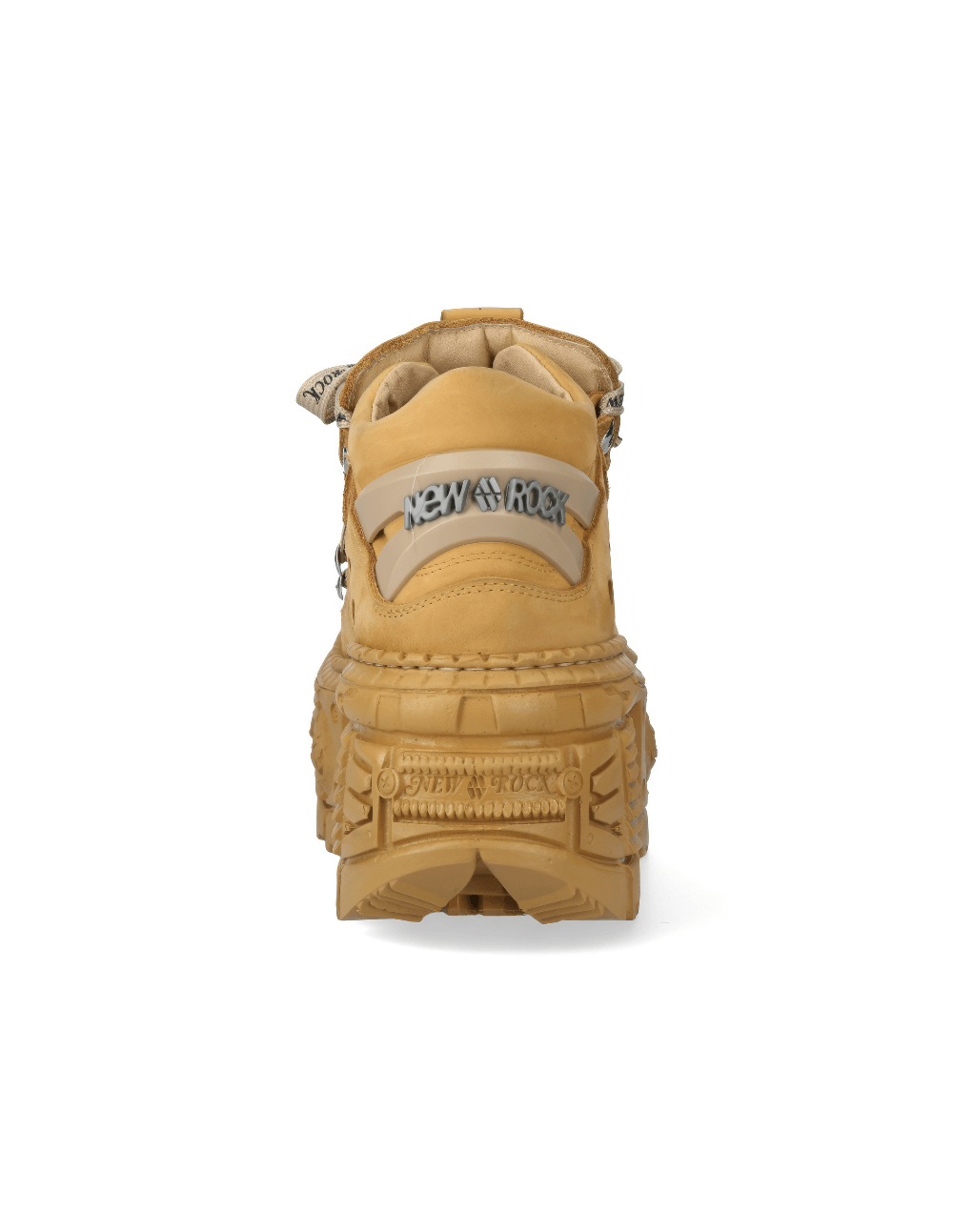 Back view of NEW ROCK honey-colored ankle boots with robust design and unique logo detailing.
