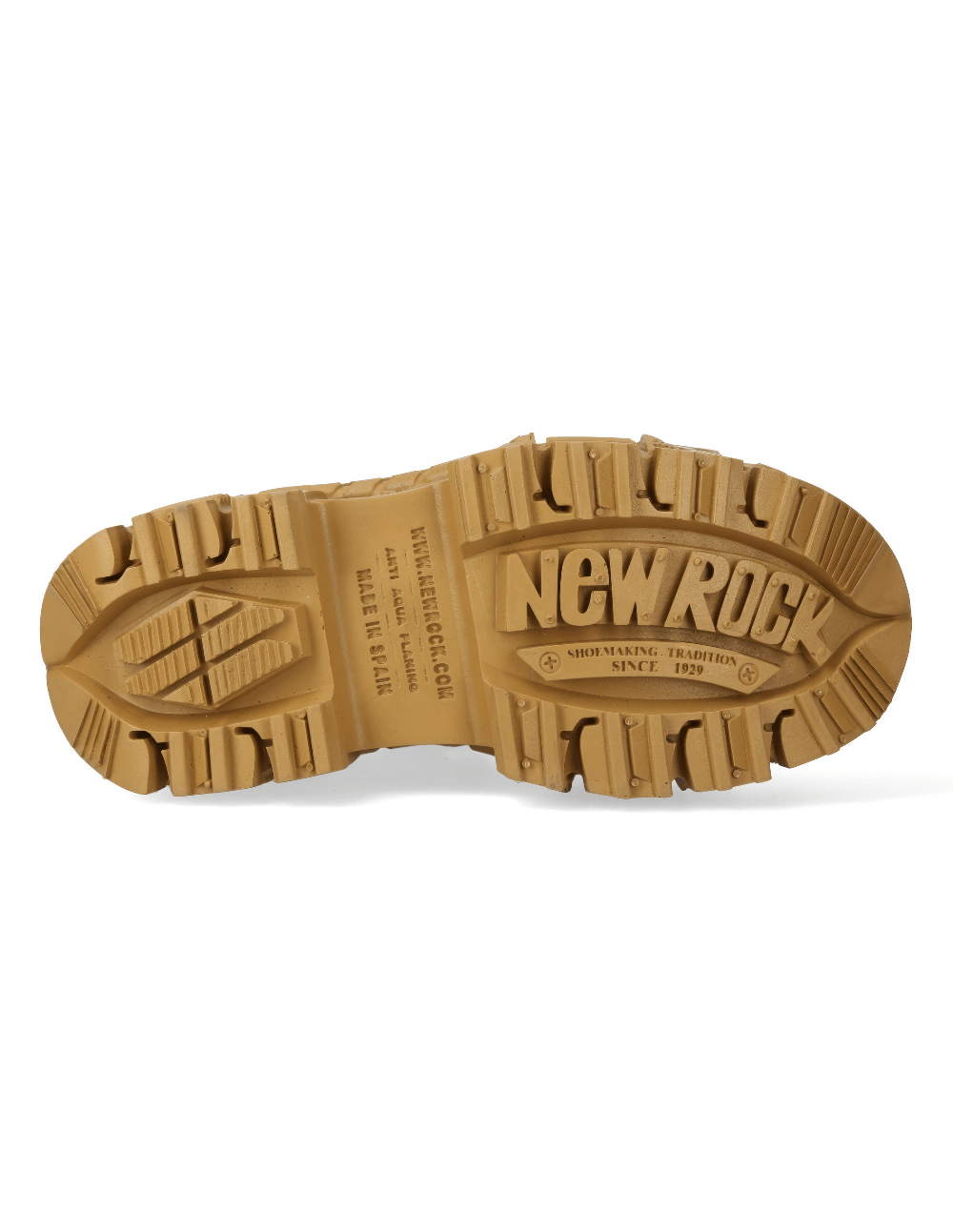 Bottom view of NEW ROCK honey-colored ankle boots showing the durable sole and logo design for robust rock style.