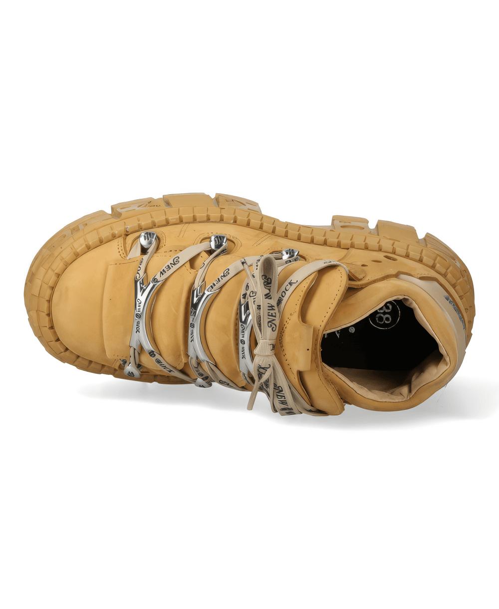 Top view of NEW ROCK honey-colored men's ankle boots with lace-up closure and sturdy sole.
