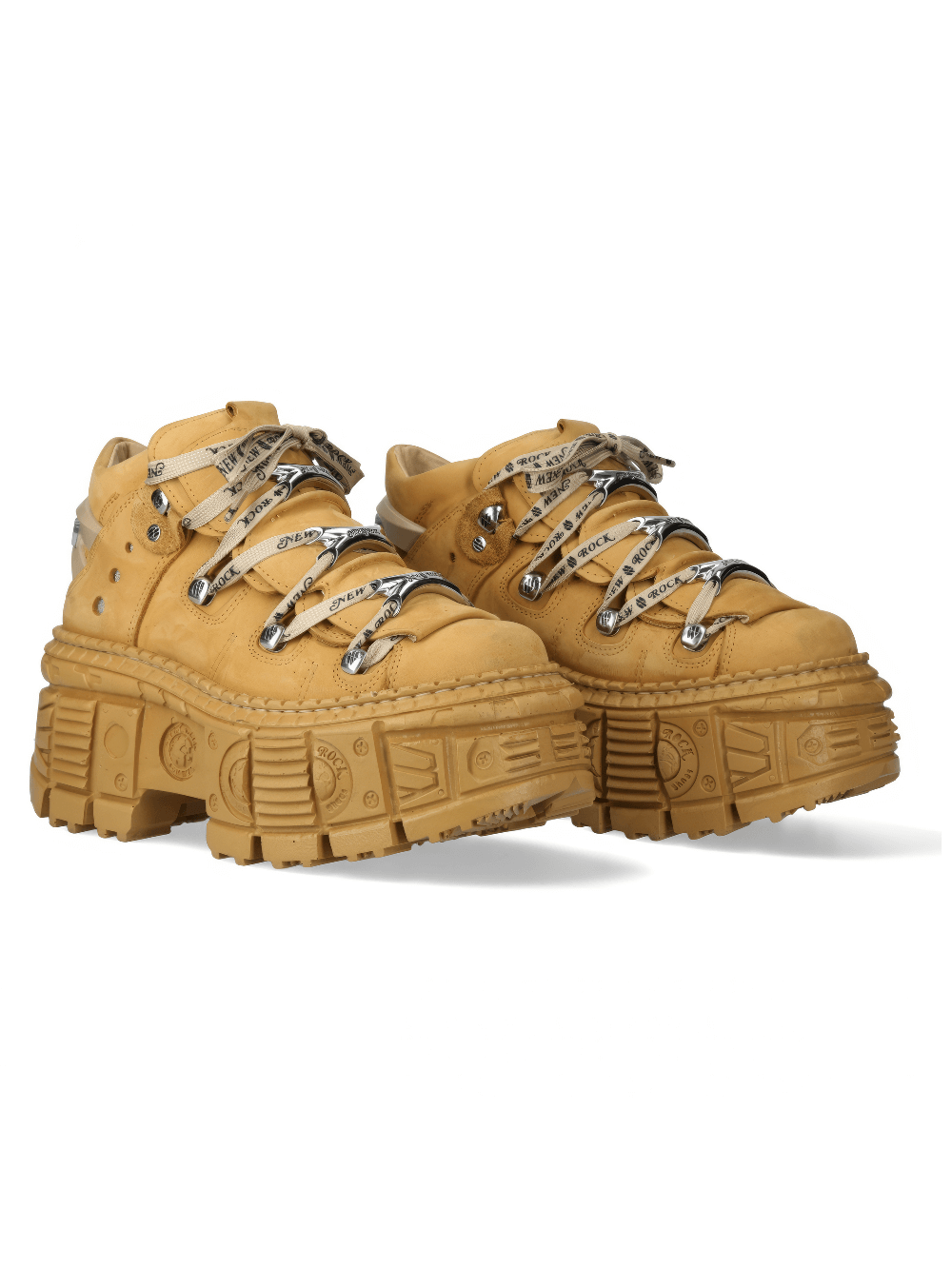 NEW ROCK men's honey-colored ankle boots with bold design and lace-up closures for rock style fashion.