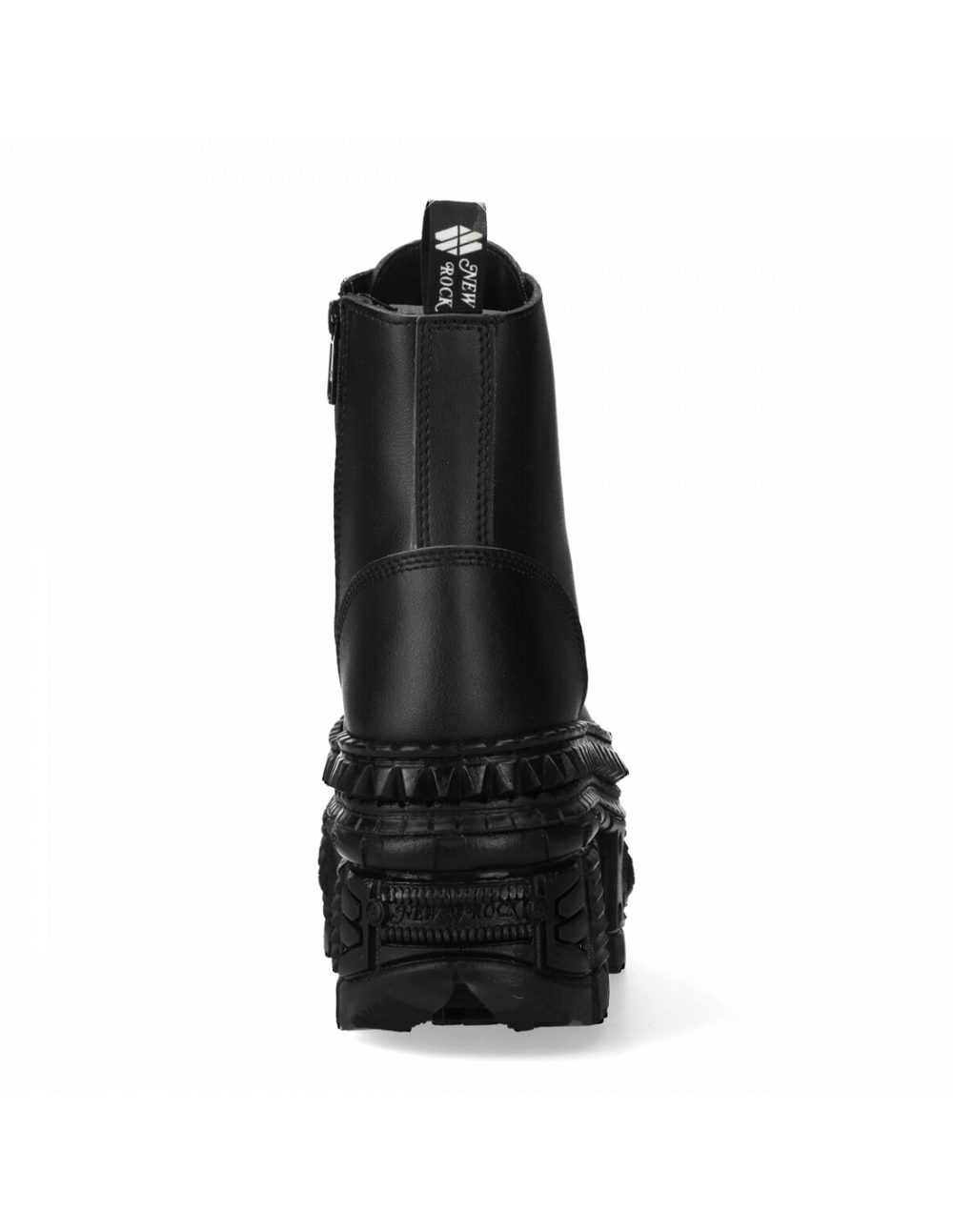 Back view of NEW ROCK unisex black gothic ankle boots with chunky platform sole and zipper closure.