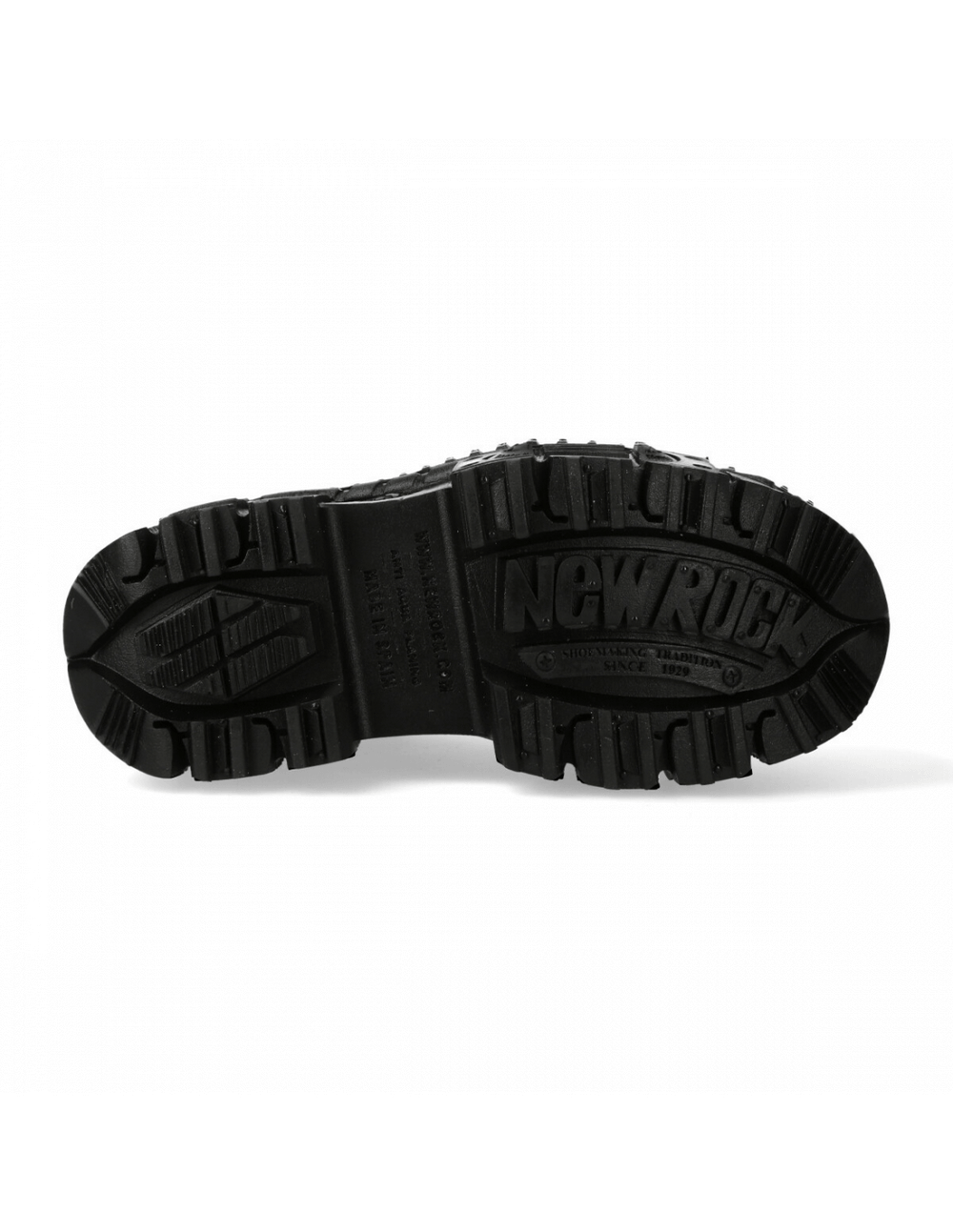 Sole of NEW ROCK black gothic unisex ankle boots, showcasing a durable design and bold tread pattern.