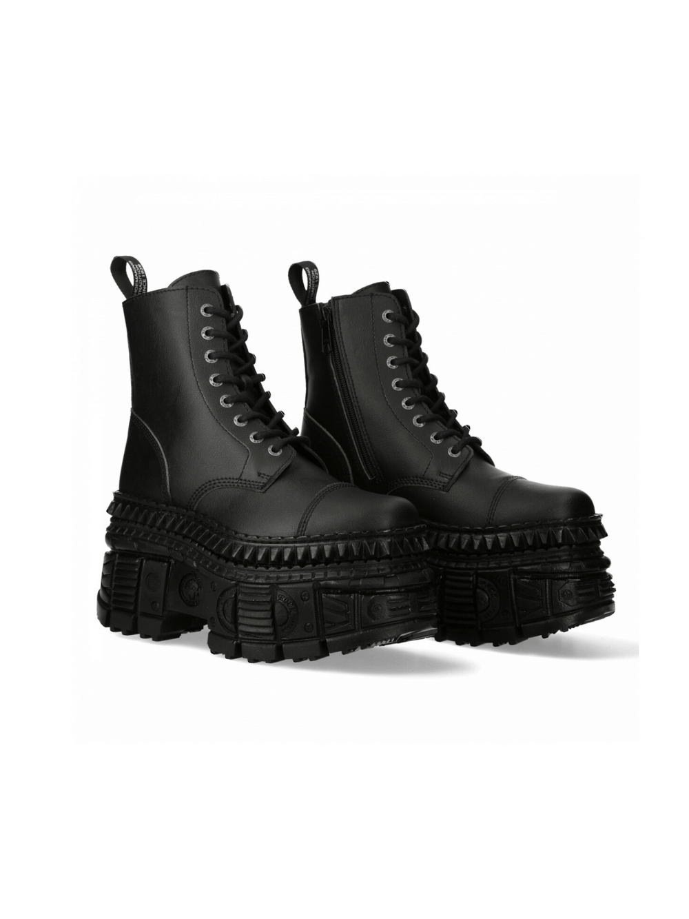 Stylish black gothic unisex ankle boots with platform heels, lace-up design, and edgy punk rock elements.