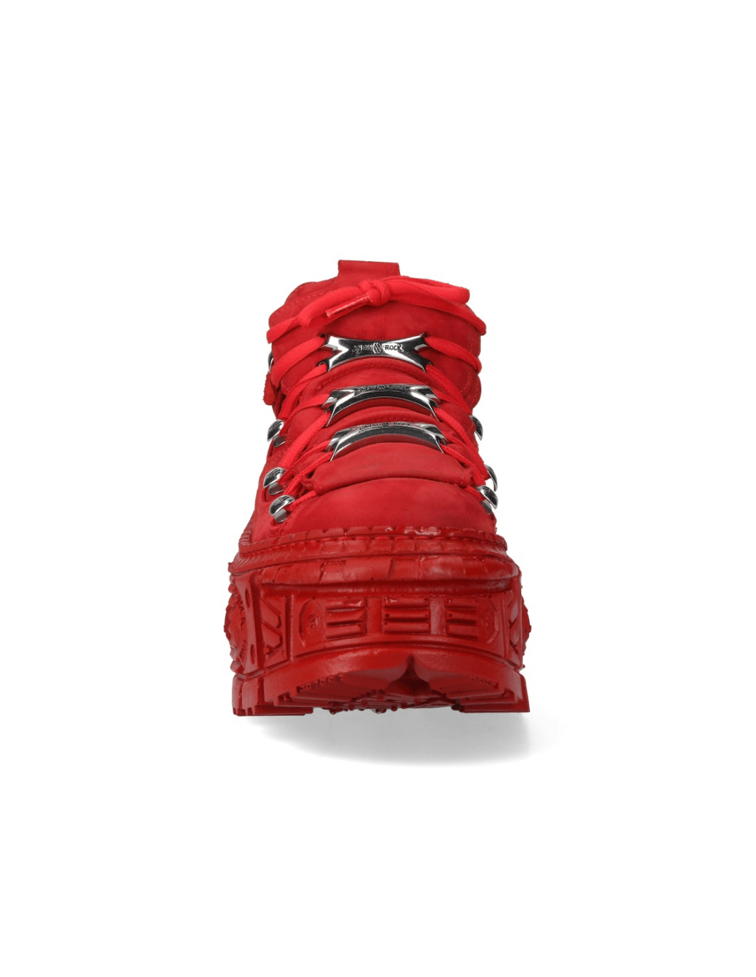 Front view of NEW ROCK Men's Red Platform Ankle Boots with striking lace-up design and rock style.