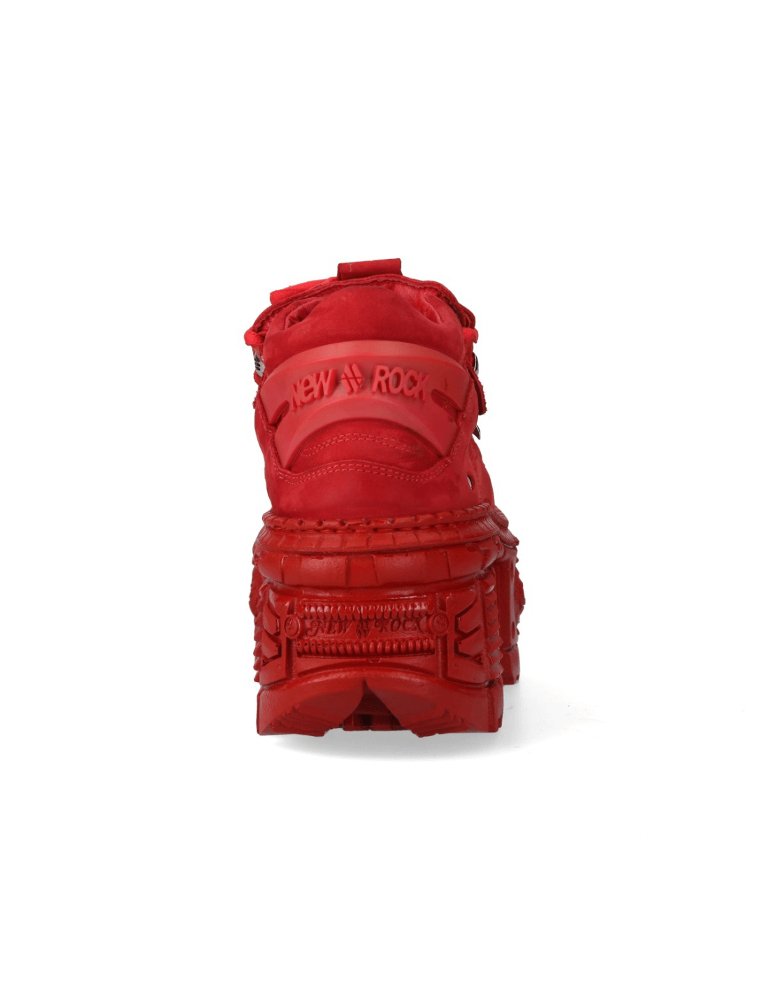 NEW ROCK Men's Red Platform Ankle Boot rear view showcasing unique rock-style design and striking calf leather finish.