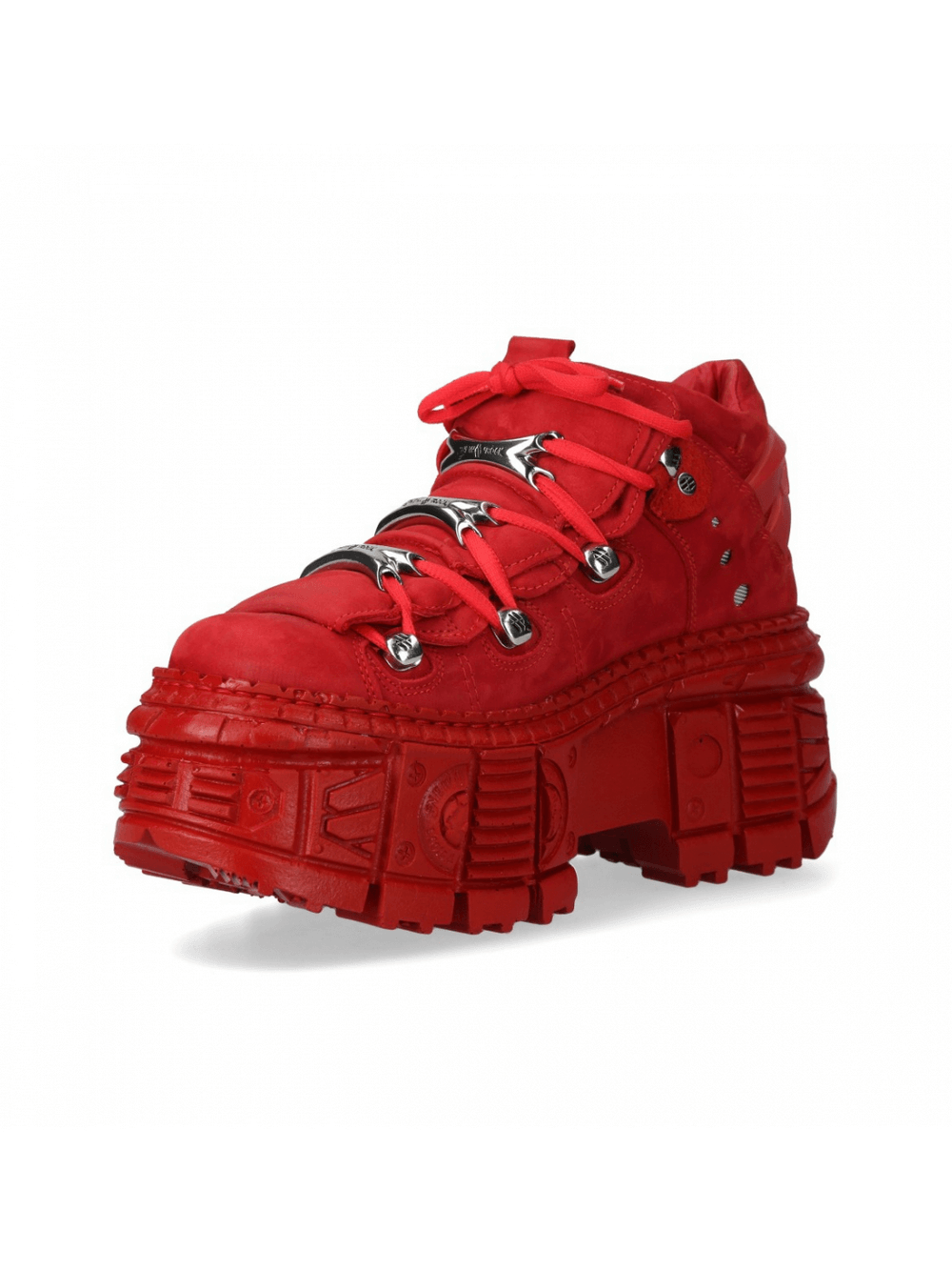 Stylish red platform ankle boots with unique rugged design and eye-catching metallic accents.
