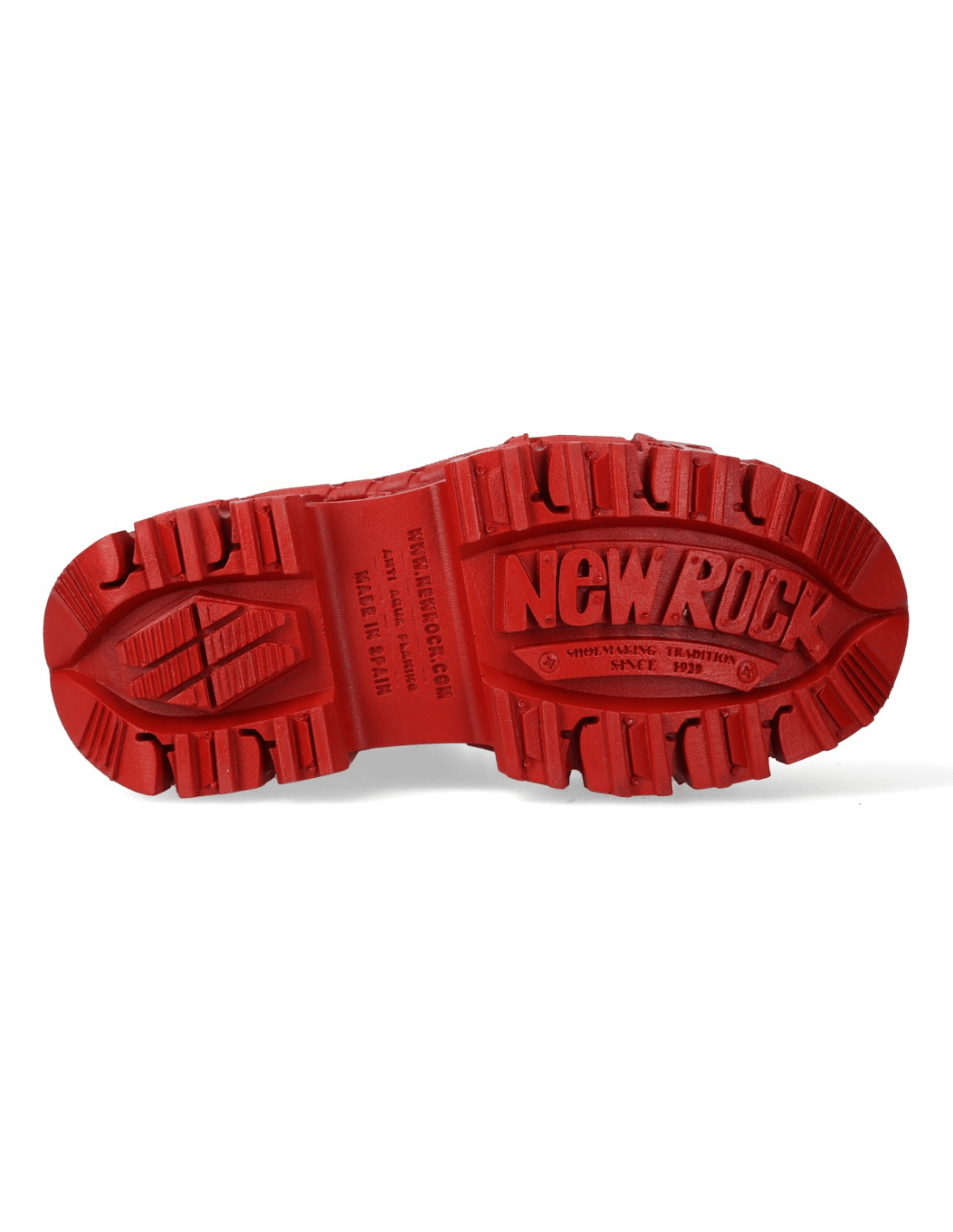 NEW ROCK red platform ankle boots sole view showcasing durable tread design and brand logo.
