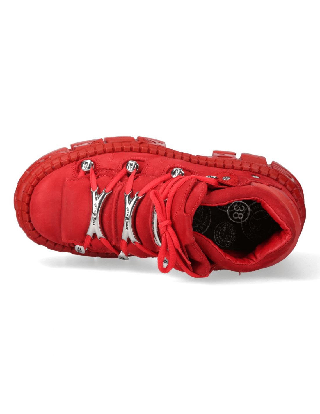 Top view of NEW ROCK red platform ankle boots featuring stylish laces and a rugged sole. Rock fashion meets comfort!