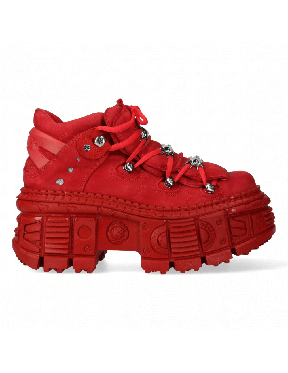 Men's red platform ankle boots with sturdy laces, 12cm shaft, and a bold rock style, perfect for fashion-forward outfits.