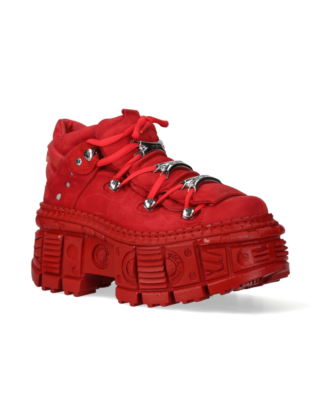 Stylish red platform ankle boots with bold laces and a chunky sole, designed for a fashionable rock-inspired look.