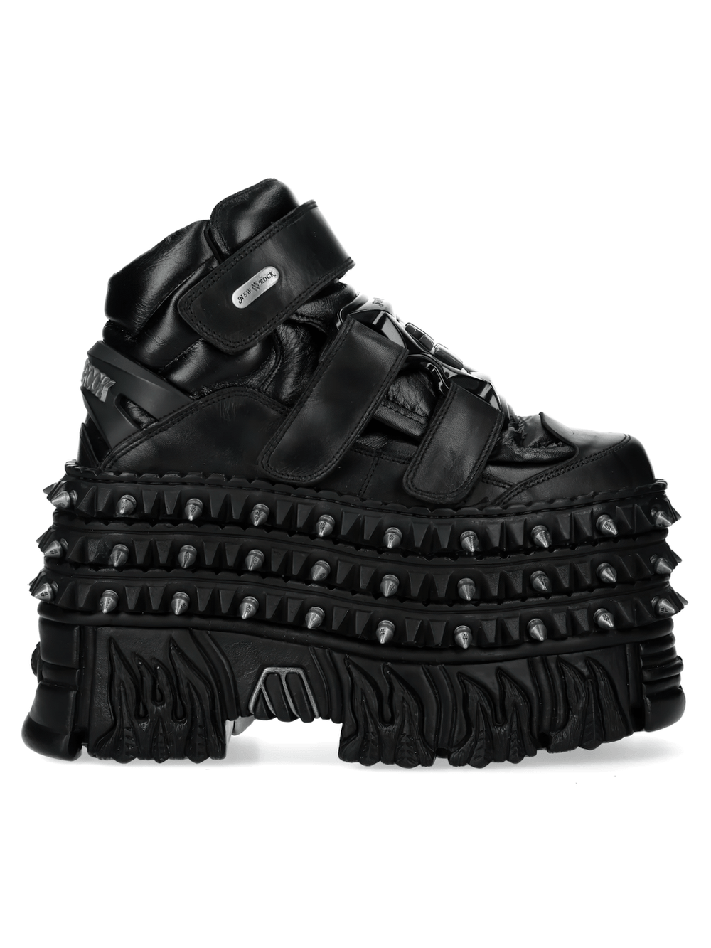Alt Tag: NEW ROCK Female Platform Ankle Boots with Spike Sole black punk gothic triple-strap platform boots with oversized spiked tread