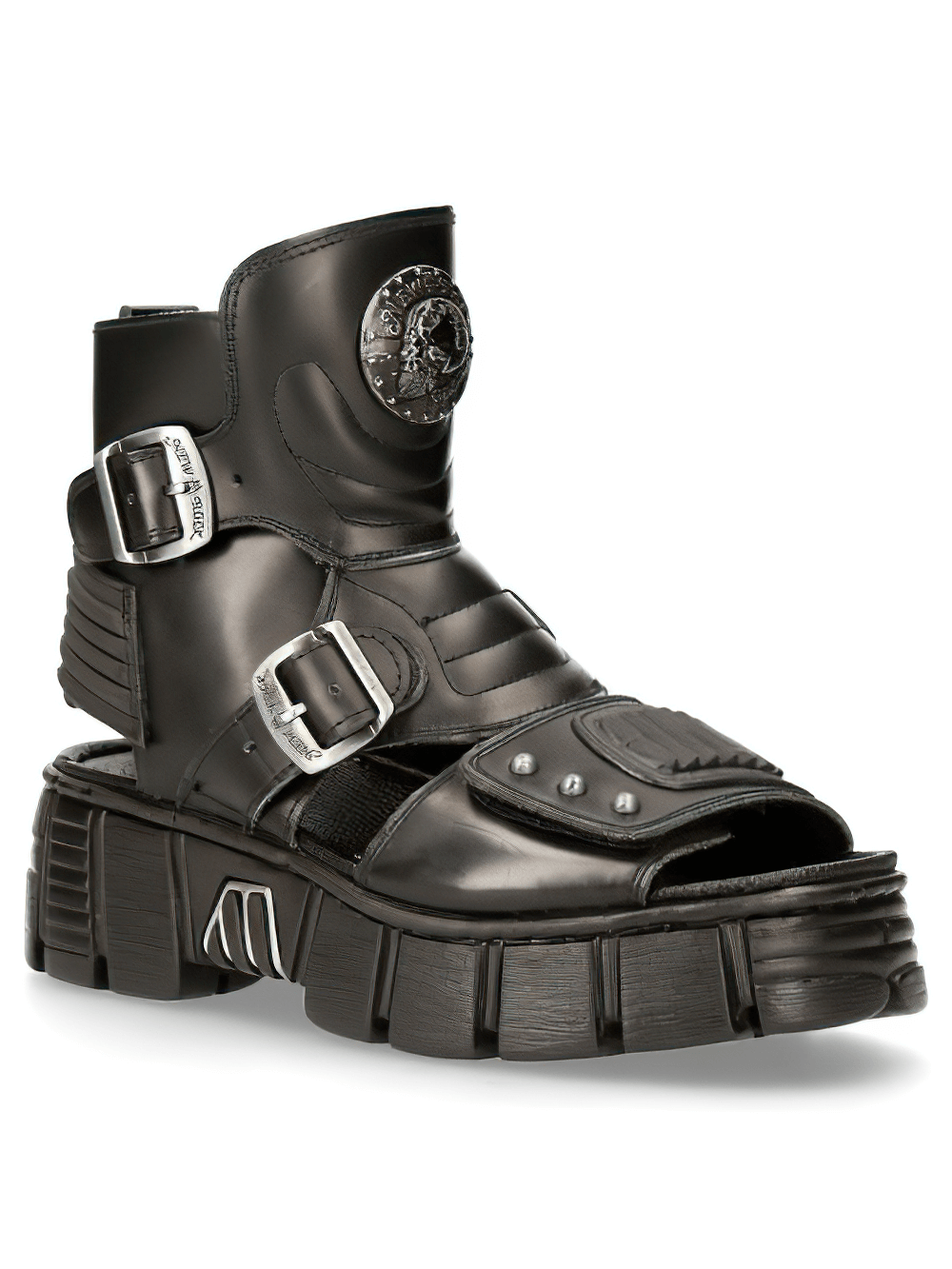 NEW ROCK Female Punk Platform Sandals with Buckles and Zipper, Gothic style, durable black leather, bold fashion statement.