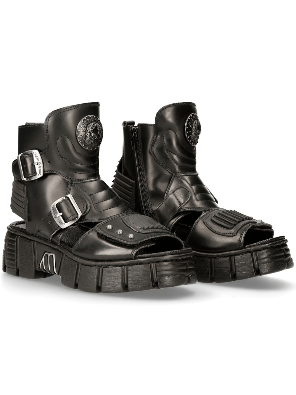 NEW ROCK female punk platform sandals with buckles and zipper, black cowhide leather gothic footwear.