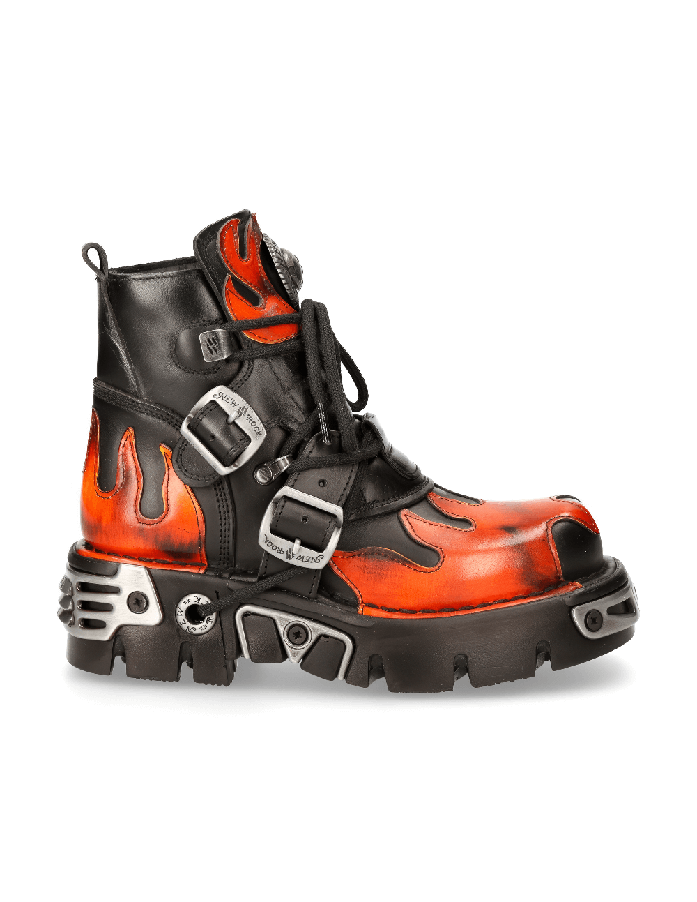 NEW ROCK men's fiery biker ankle boots with metallic accents and flame design.