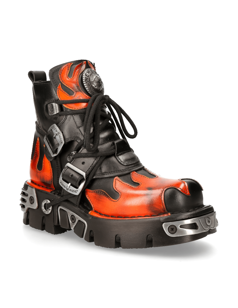 NEW ROCK fiery biker ankle boots with laces, featuring punk rock design and metallic accents in black and orange.