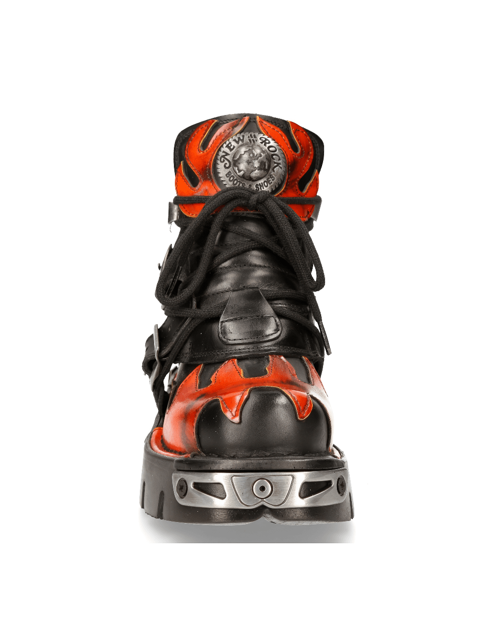 NEW ROCK Men's Fiery Biker Ankle Boots in black and red with metallic accents and lace-up closure.