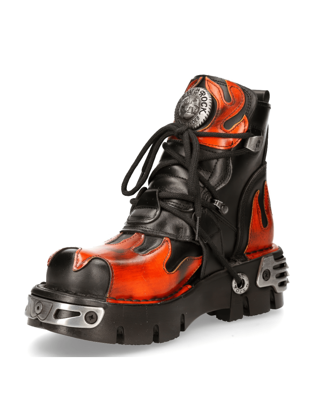 NEW ROCK Men's Fiery Biker Ankle Boots with black and red flame design, lace-up closure, and durable rubber sole.