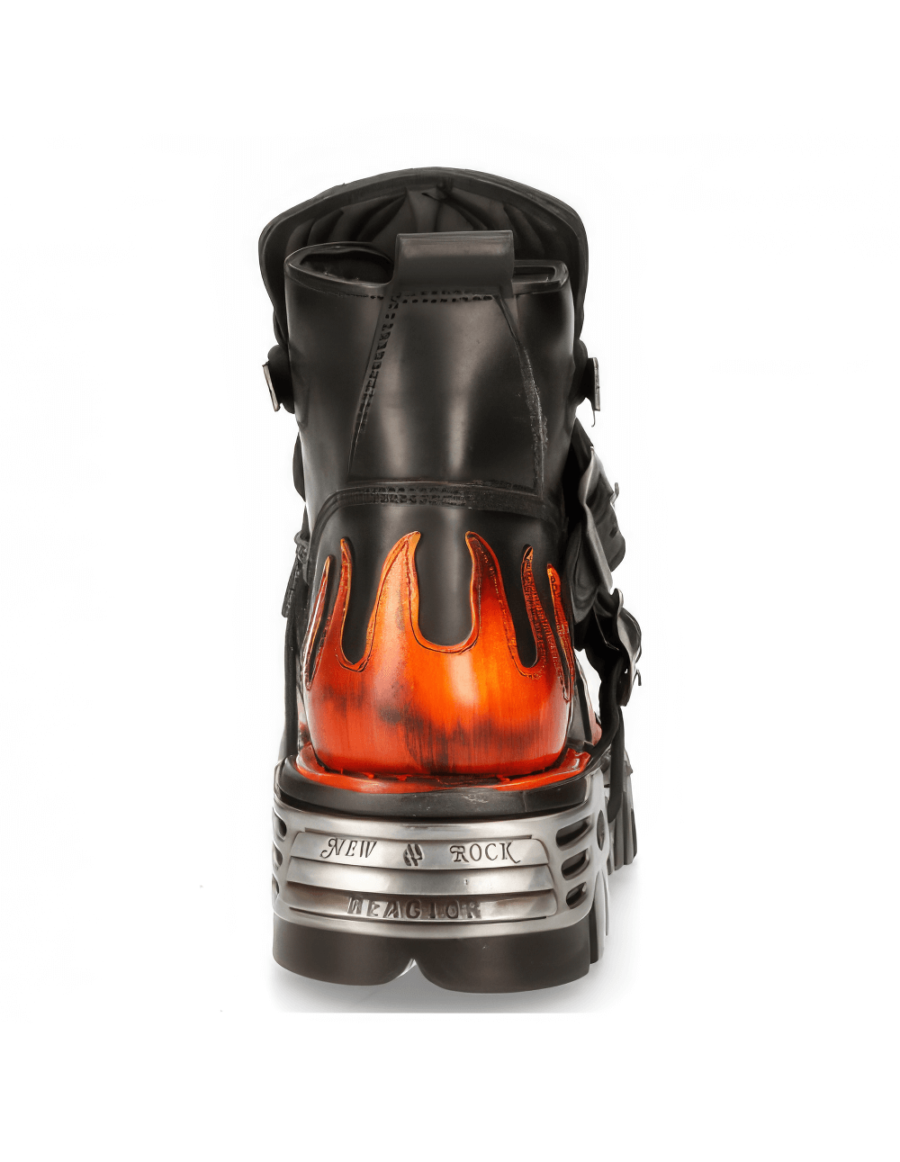 Back view of NEW ROCK Men's Fiery Biker Ankle Boots with metallic accents and flame designs.