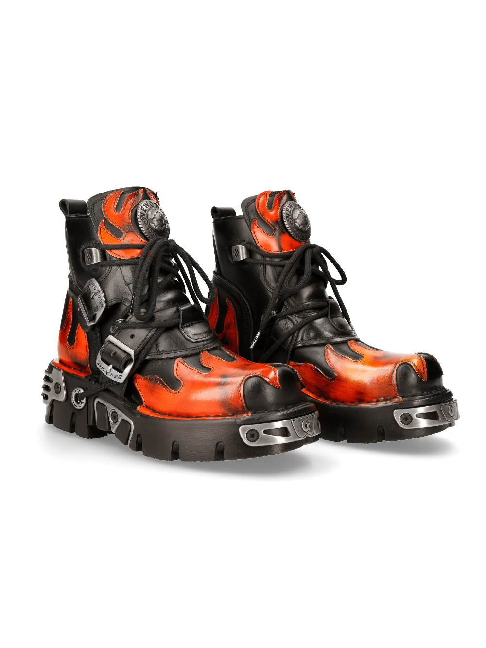 NEW ROCK men's fiery biker ankle boots with punk rock flames and metallic accents.