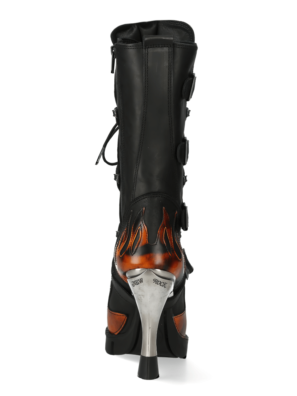 NEW ROCK Flame Accent High Heel Boots showcasing a striking flame design and high-rise silhouette.