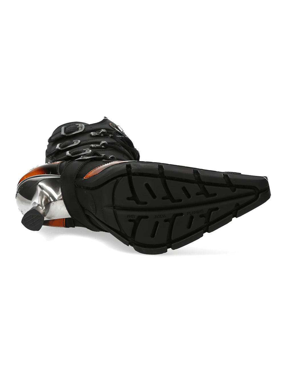 Sole of NEW ROCK Flame Accent High Heel Boots showing striking metallic finish and robust grip design.