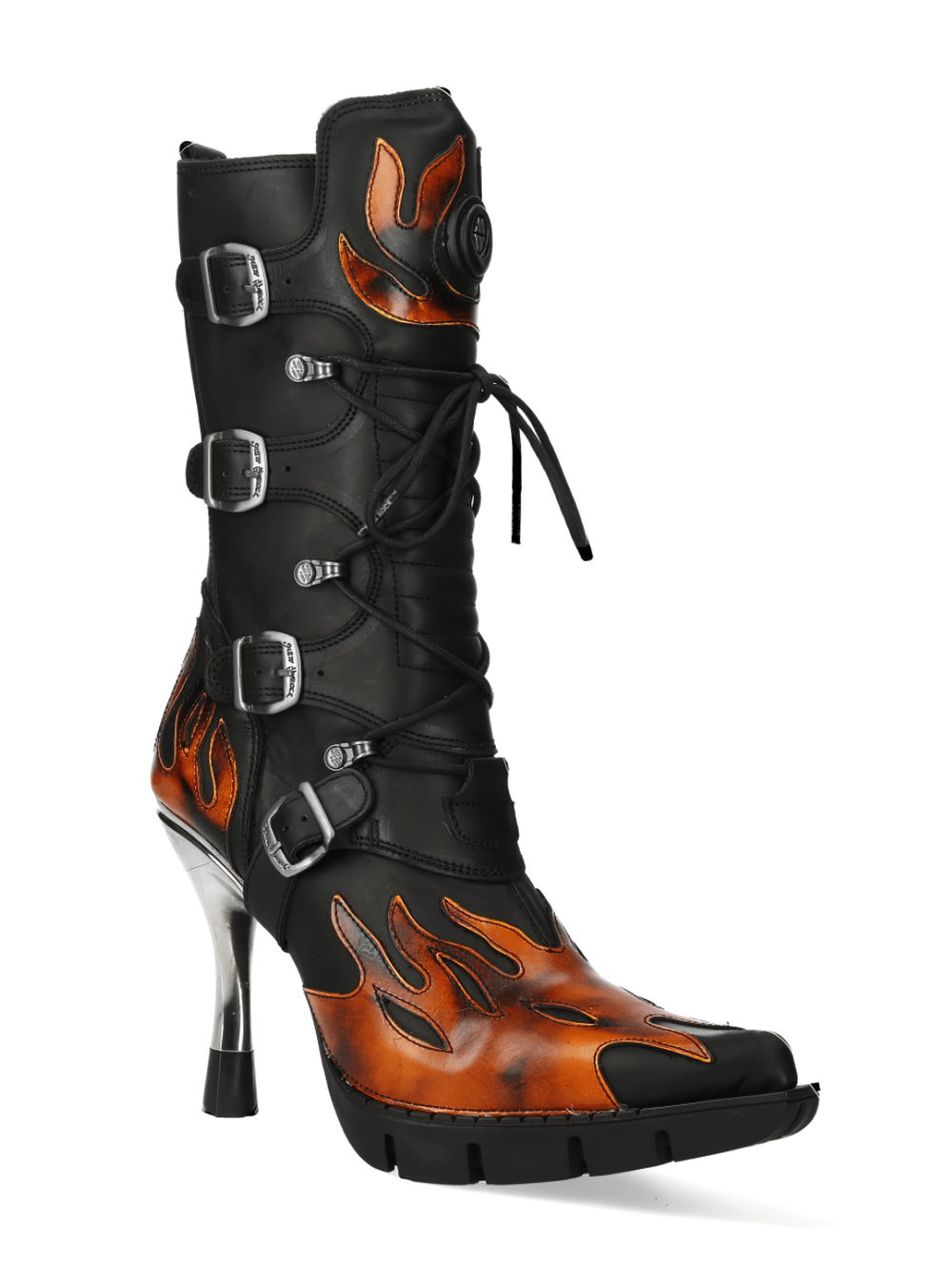 NEW ROCK Flame Accent High Heel Boots with metallic finish and striking flame designs, perfect for bold urban style.