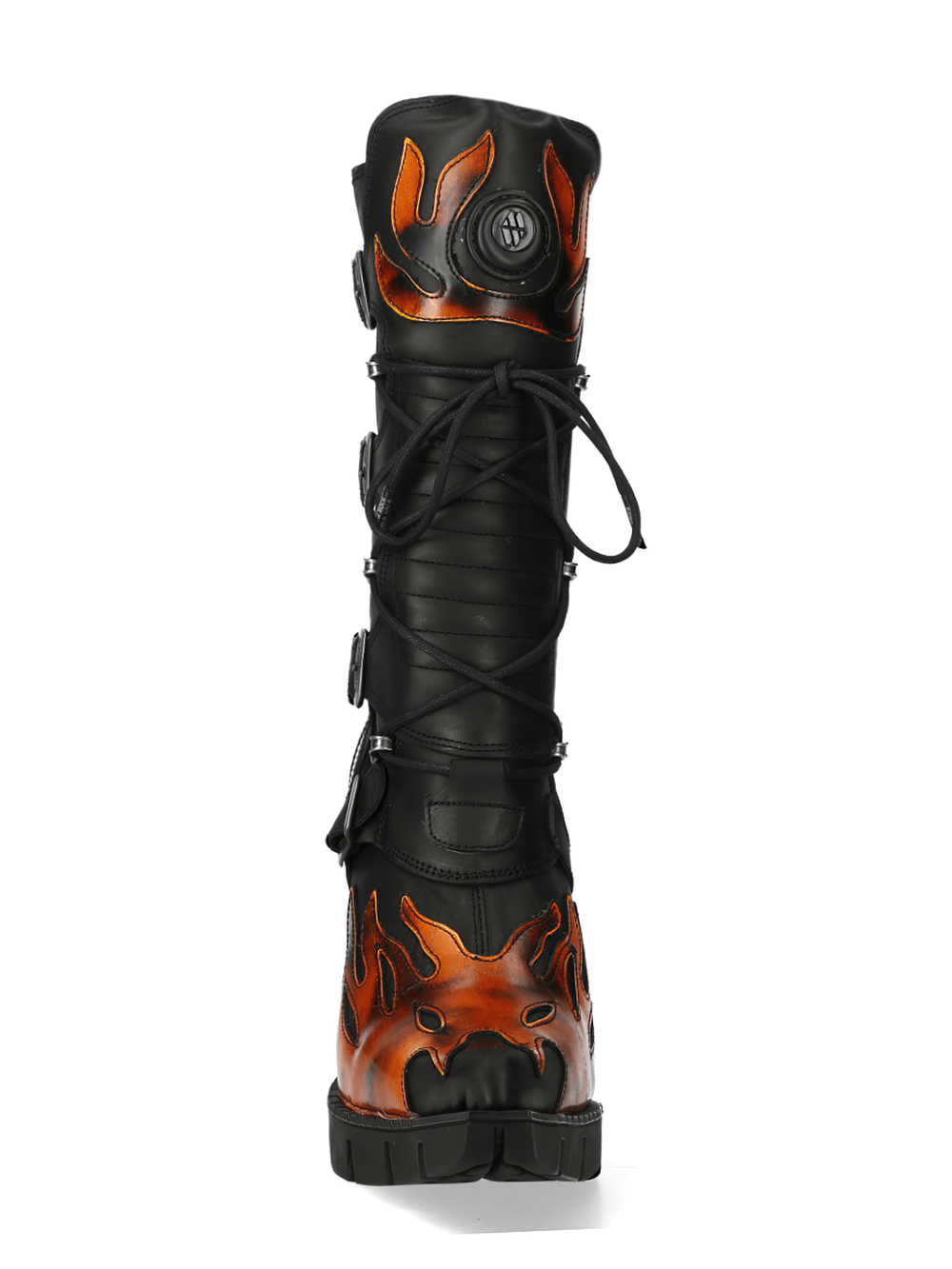 Back view of NEW ROCK Flame Accent High Heel Boots featuring striking flame designs on genuine leather.