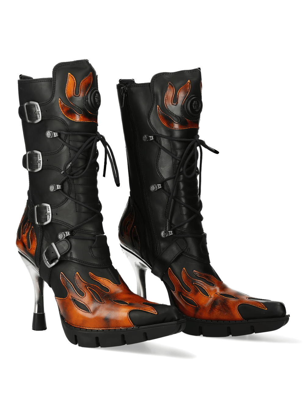 NEW ROCK Flame Accent High Heel Boots with metallic finish, striking flame designs and robust TPU soles.