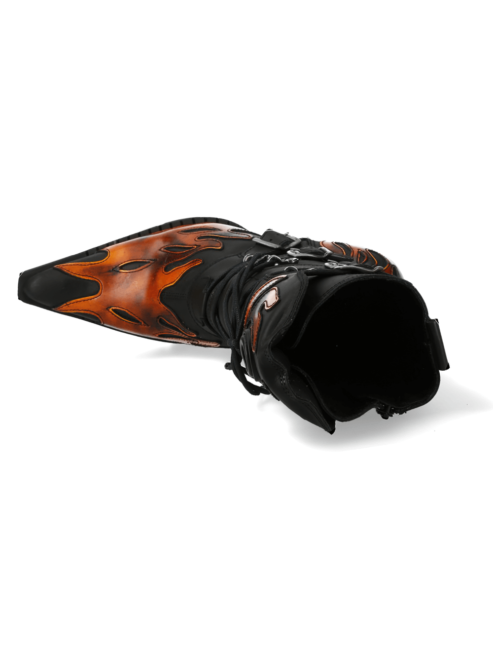 NEW ROCK Flame Accent High Heel Boots with metallic finish and striking flame designs, showcasing bold urban footwear style.