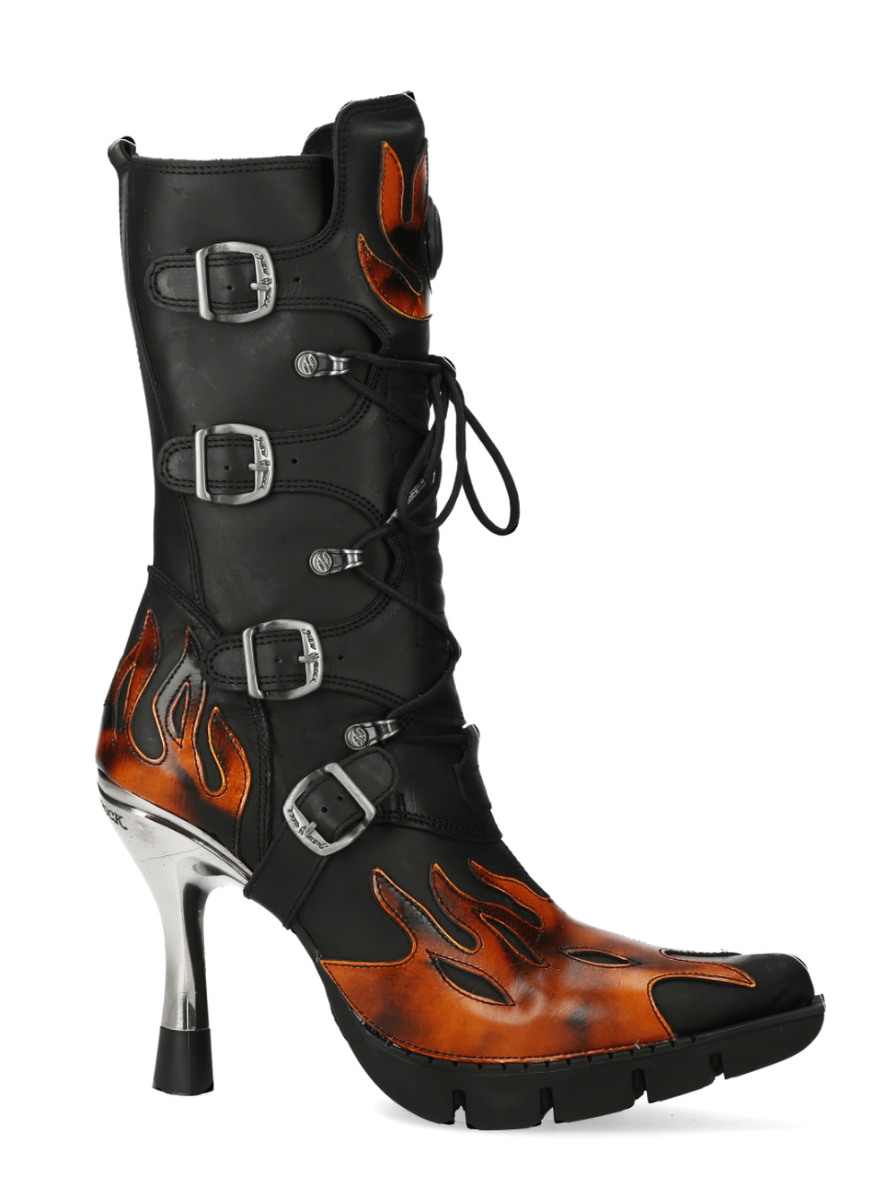 NEW ROCK Flame Accent High Heel Boots with striking flame design and metallic finish, perfect for bold urban style.
