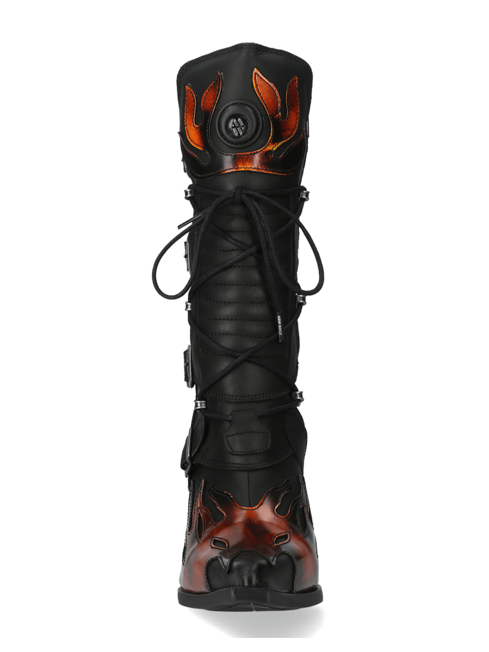 Fiery black high-heeled gothic boots with flame accents and buckles, from the NEW ROCK Malicia Collection.